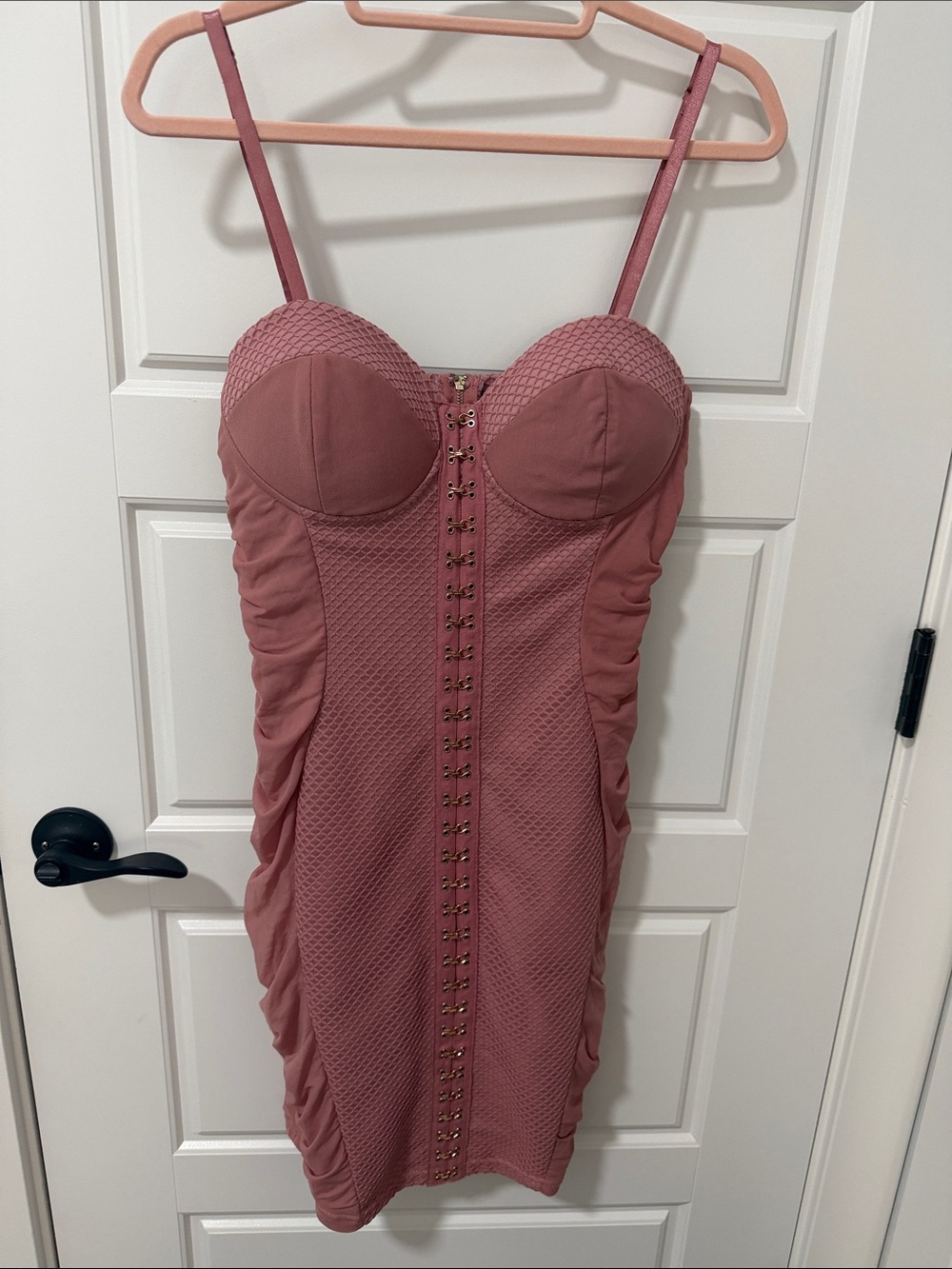 Ruched Dusty Rose Bodycon Midi Dress with Hook-Front Detail